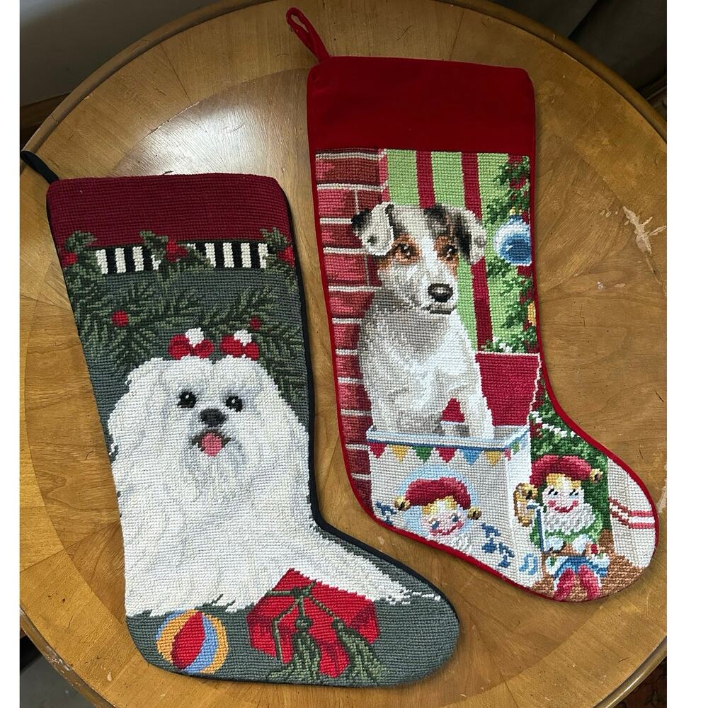 Christmas Stockings dogs wool needlepoint set 2 Red SantaToys Chimney handmade
